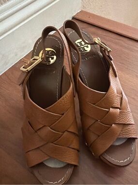 Tory Burch Brown Leather Woven Jodie platform Sandals